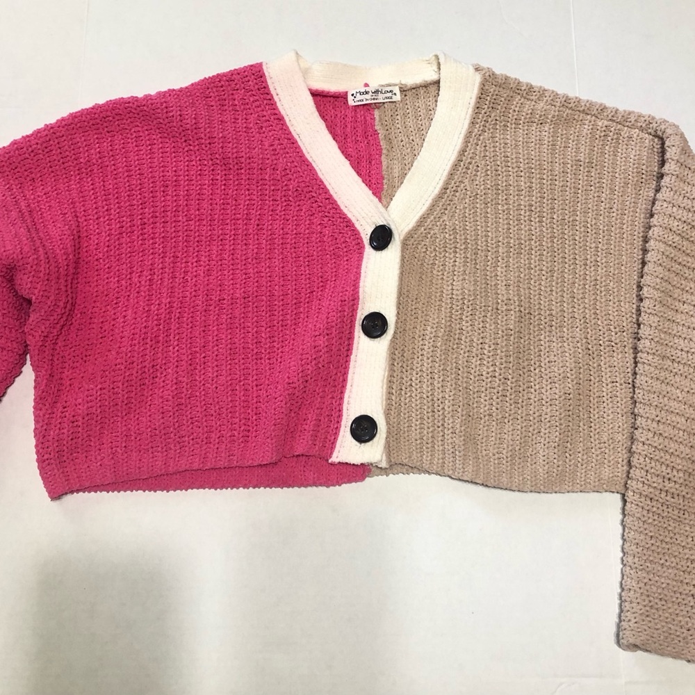 Colorblock Pink and Tan Sweater cardigan button down v neck size L cropped